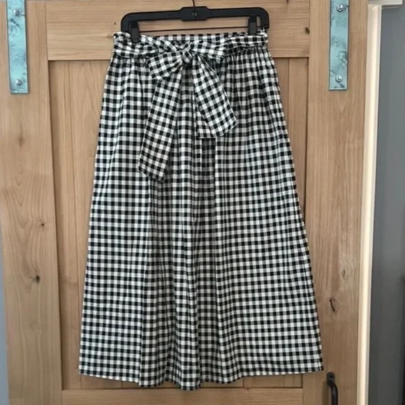 Tory Burch Black White Gingham Midi Skirt Small Cotton Tie Waist Pockets NWOT - Picture 6 of 10